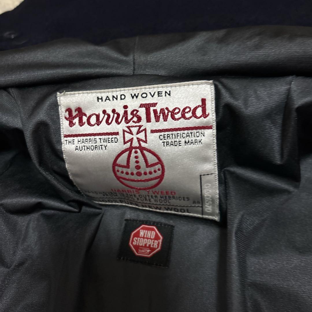 ハリスツイード×ビームスプラス ダッフルコート ロング L フード 牛革 紺