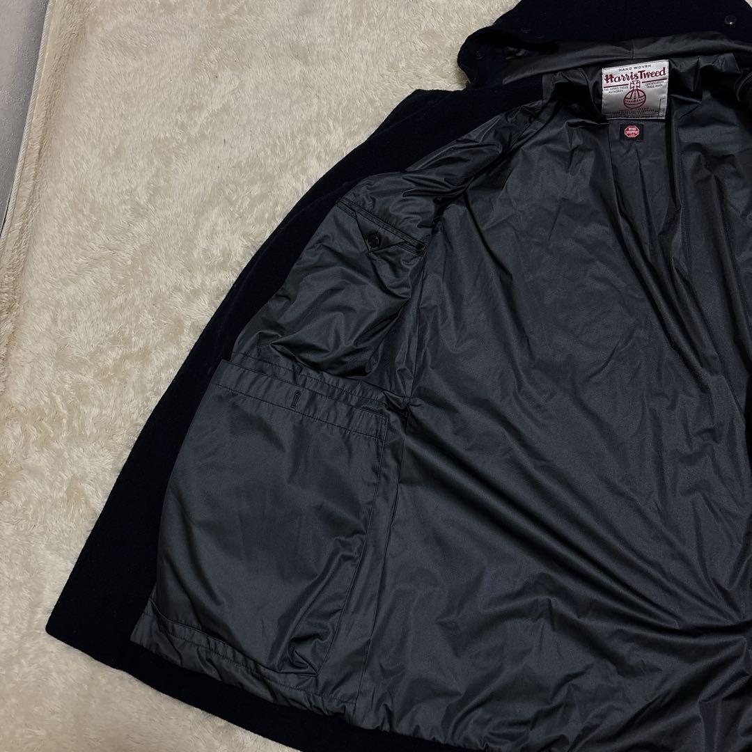 ハリスツイード×ビームスプラス ダッフルコート ロング L フード 牛革 紺