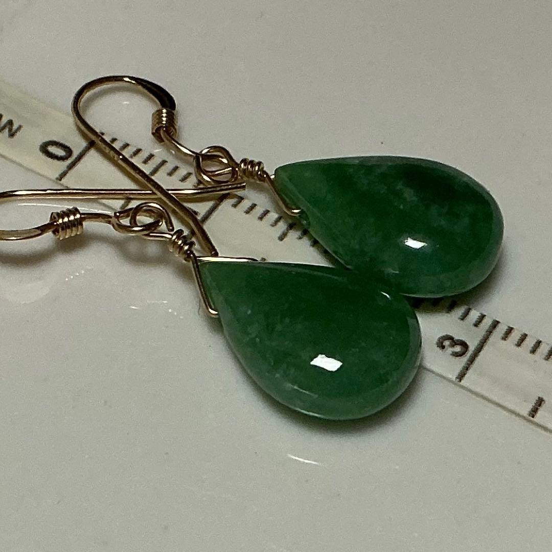 コン沢翡翠と金山谷翡翠　ティアドロップピアス　14kgf