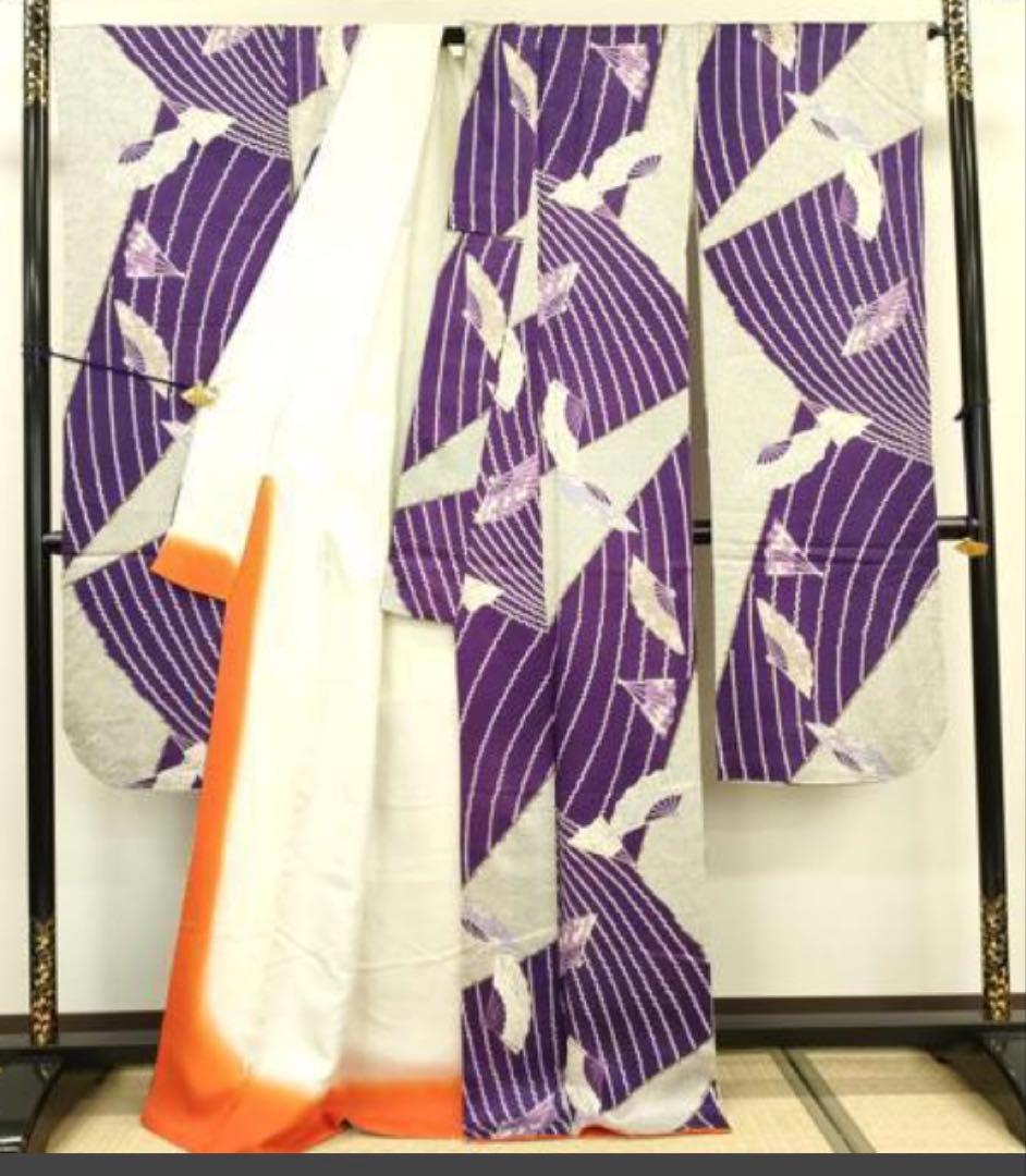 振袖フルセット6点サイズM〜Ｌ檜扇花文　鹿の子　金彩　正絹