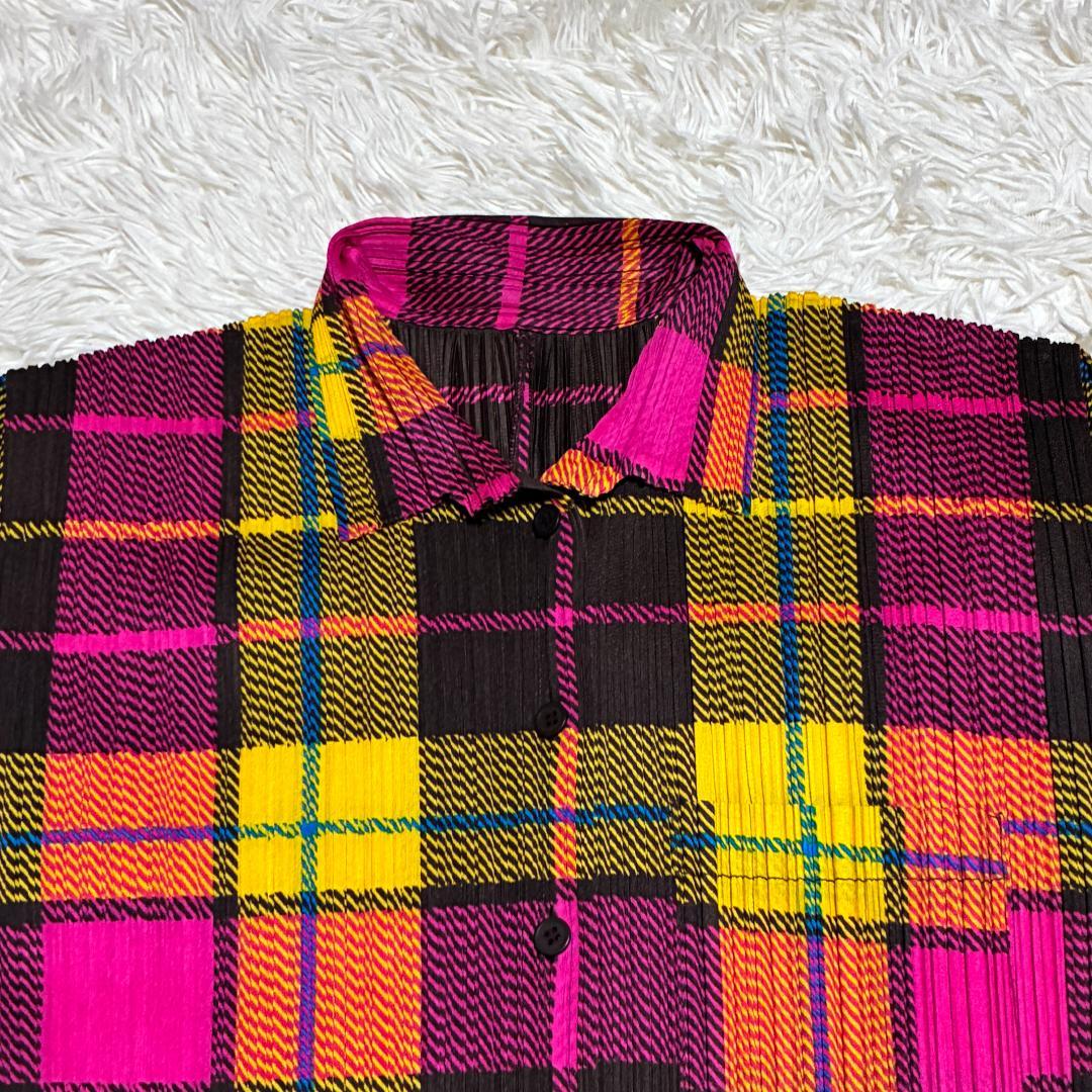 【美品】ISSEI　MIYAKE　プリーツプリーズ　長袖チェックシャツ　Lサイズ