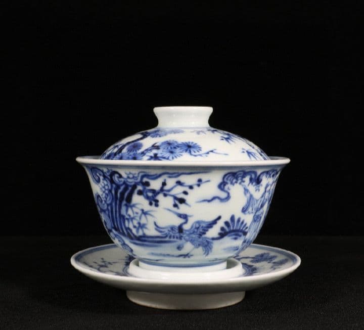 大明宣徳年製在銘 染付高仕図蓋碗