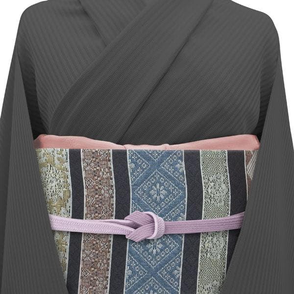 名古屋帯 九寸 京都 西陣 全通織 黒 濃赤紫 花唐草 横段 中古 kp2018