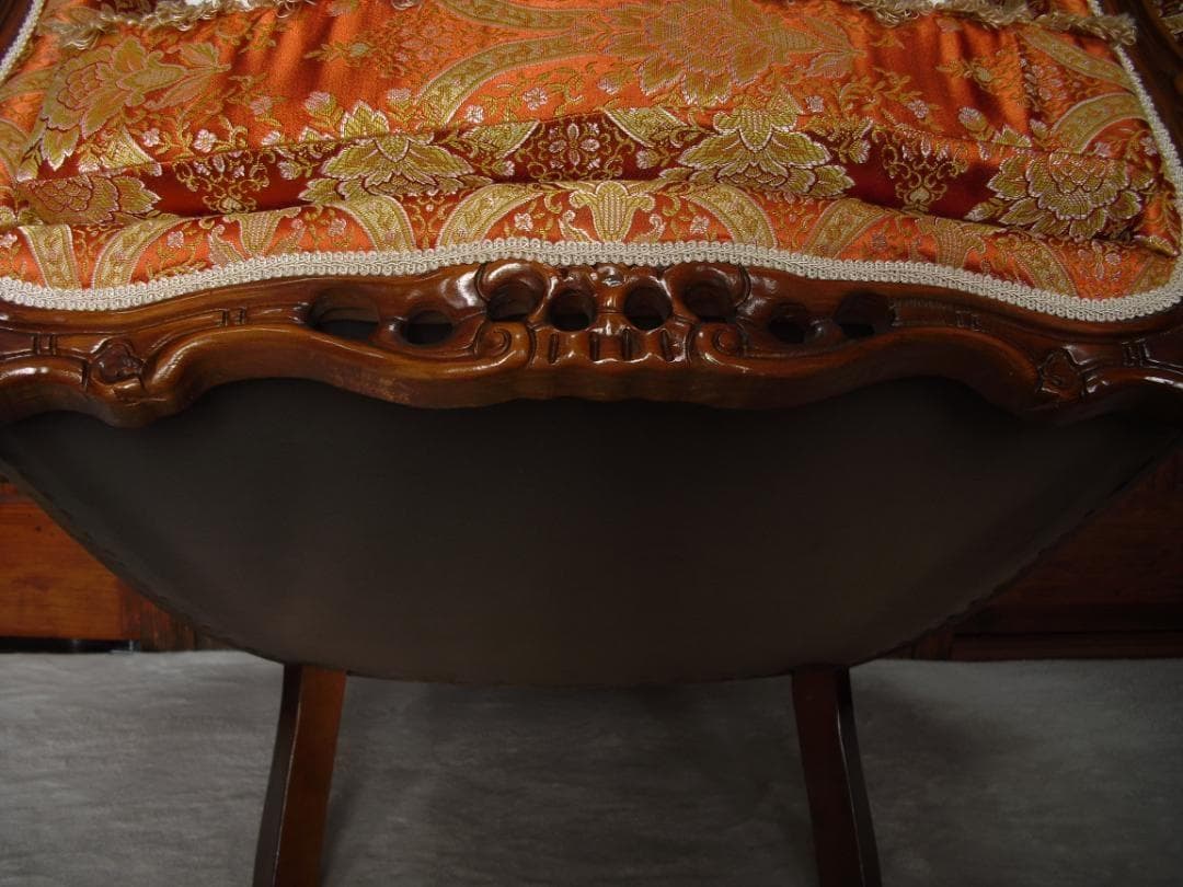 イタリア製 ロココ様式 １Pソファ☆金糸 薔薇 ダマスク柄 張替済み☆猫脚 彫刻
