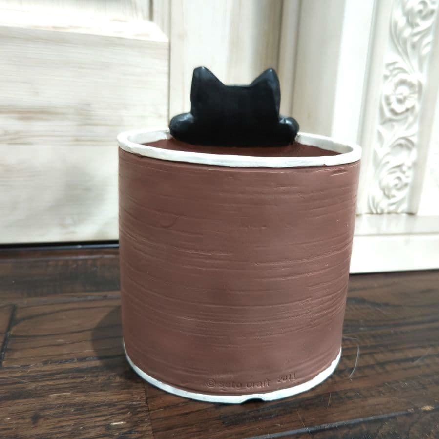 寄付 対象 セトクラフト　黒　猫　キャット　マッシュルーム 鉢植　ブラウン　陶器