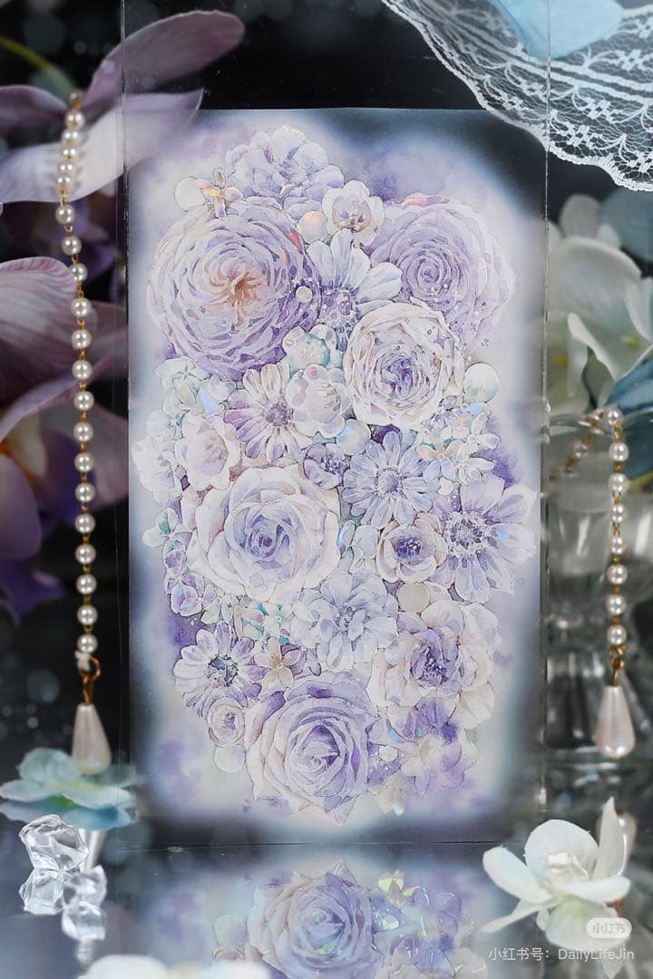 【9398】海外4/10m巻　貝殻光マスキングテープ　半透明　ブルー　お花背景系