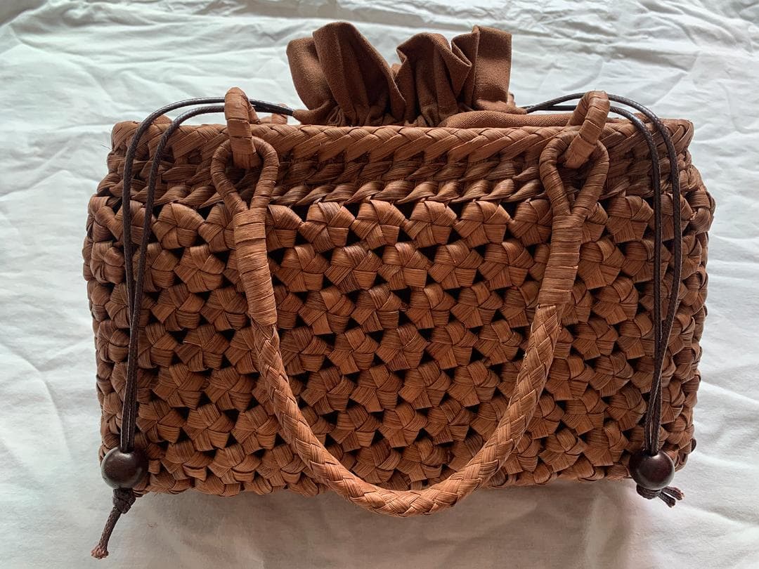 六角花結び編み 山葡萄 かごバッグ 職人手編み 手提げ 内布付き