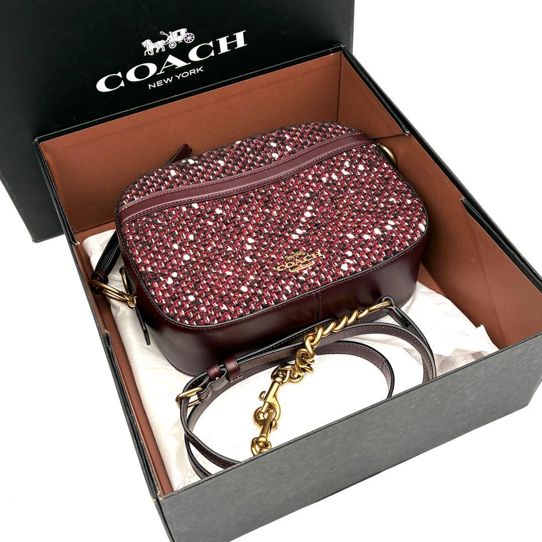 未使用に近い コーチ ショルダーバッグ ラメ ツイード レザー ロゴ ボルドー