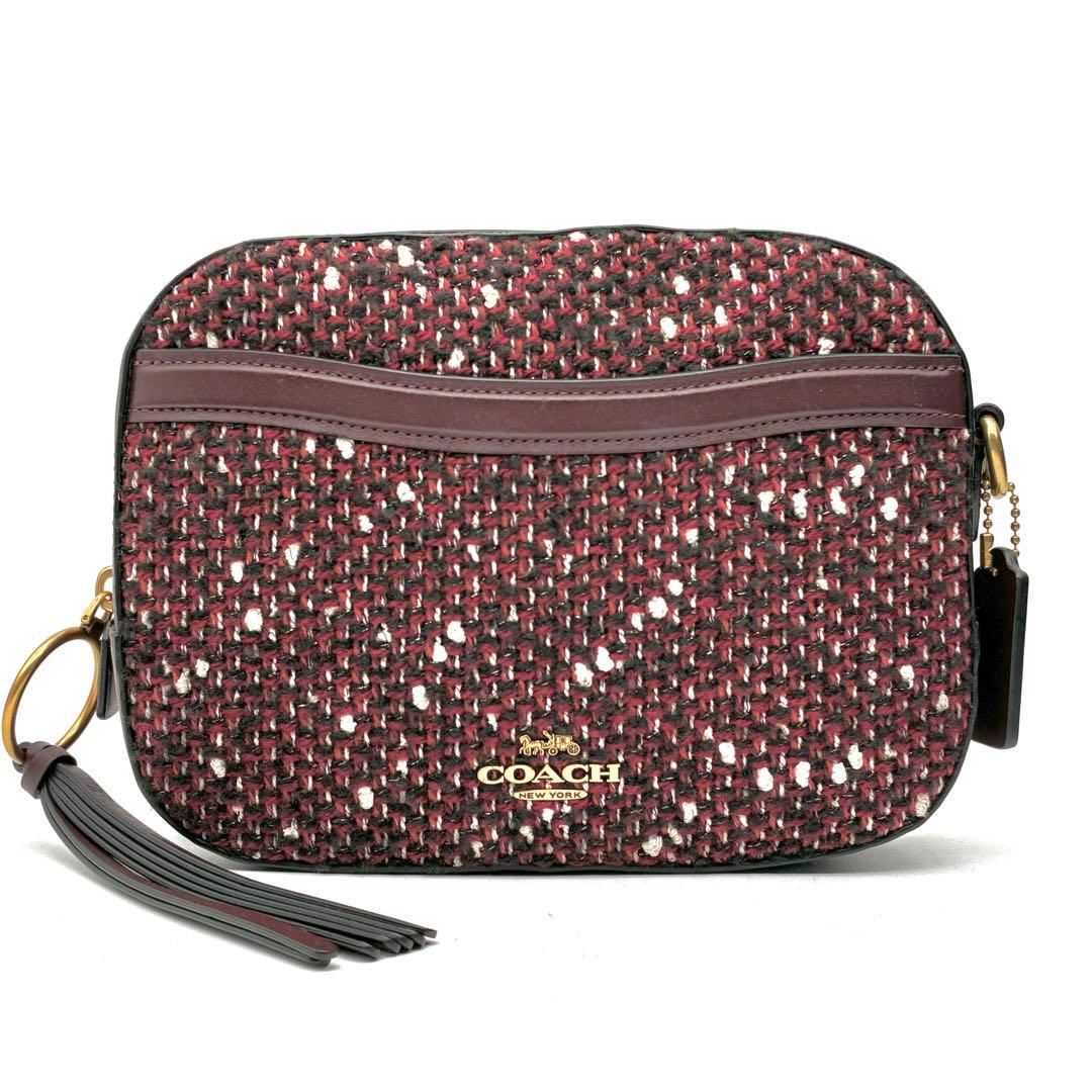 未使用に近い コーチ ショルダーバッグ ラメ ツイード レザー ロゴ ボルドー