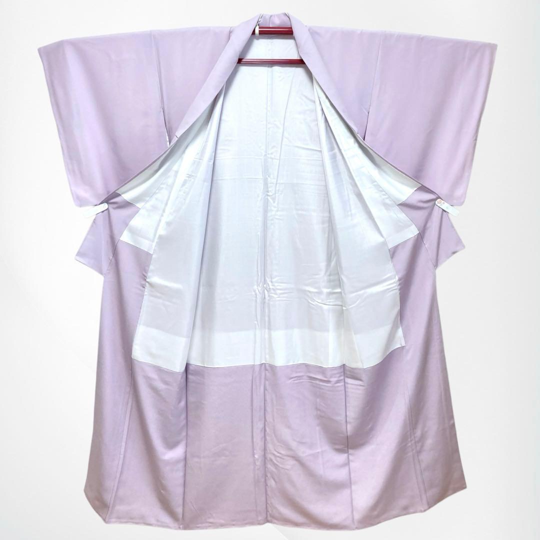 【良品✨】東レシルック　洗える着物　色無地　淡い紅藤色　紋付　手縫い仕立て　N7