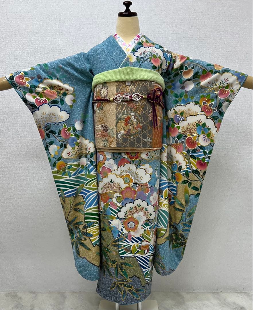 振り袖　フルセット　別誂長襦袢　金彩加工　刺繍入り　たたき染　奥田秀水　　752