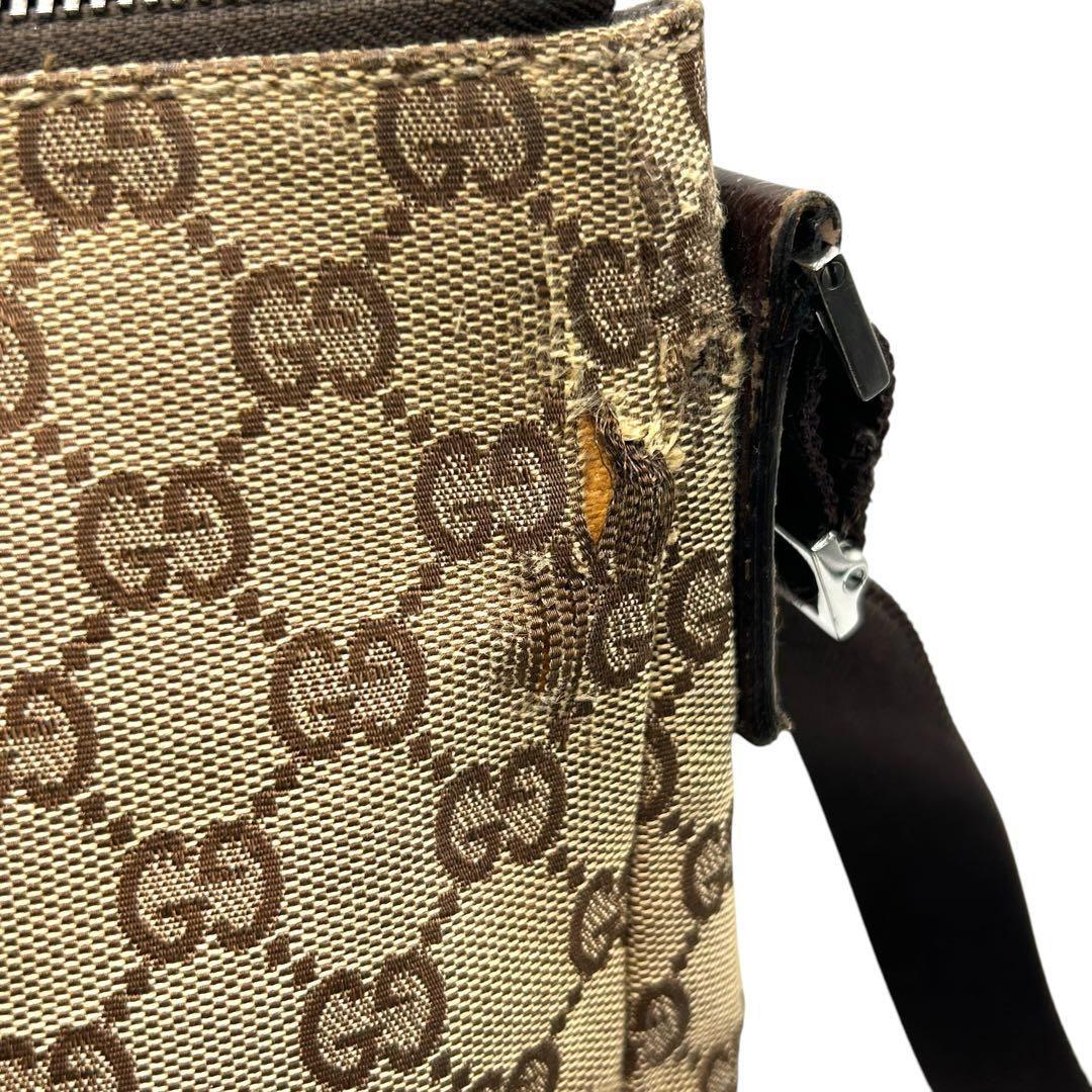 良品 596 グッチ ショルダーバッグ GG キャンバス レザー ブラウン