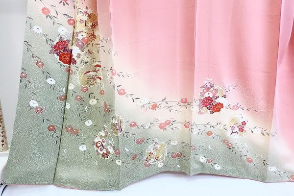 未使用品 訪問着 ピンク 手描き友禅 雪輪 牡丹 菊 花文 身丈163cm