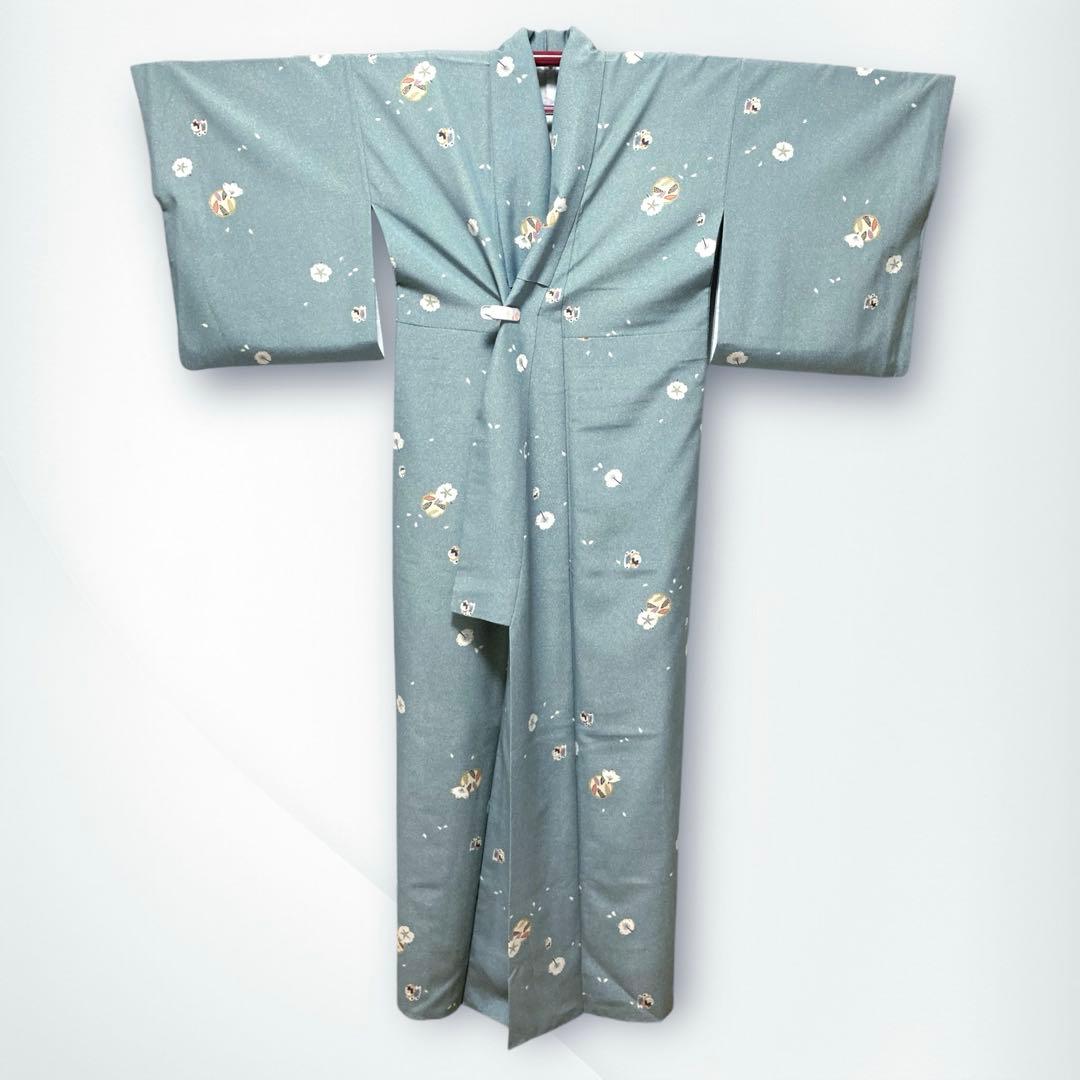 【美品✨】東レシルック　洗える着物　小紋　水浅葱色　狛犬　桜　手縫い仕立て　N4