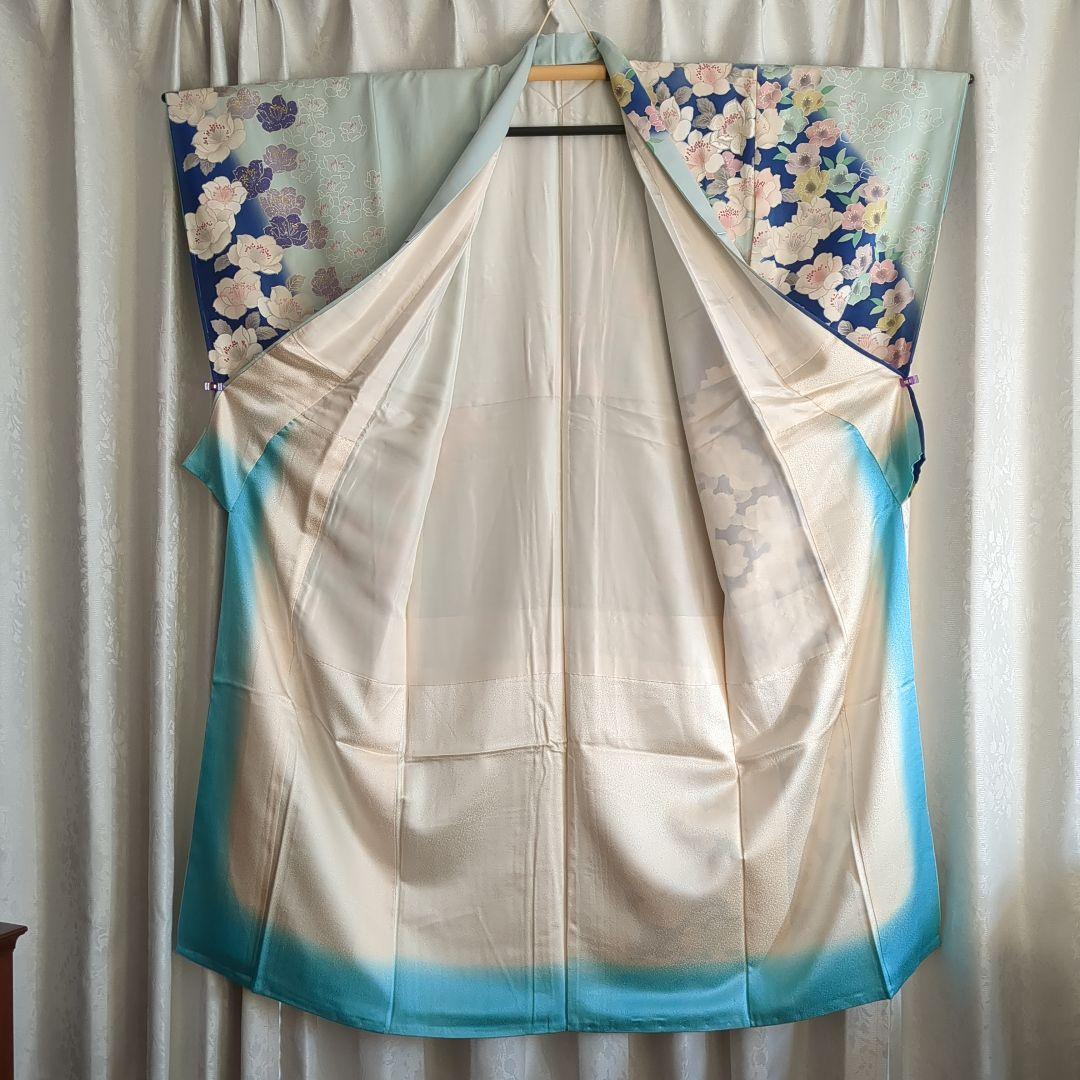 訪問着 仕立て替え品 水色×椿文様 袖しつけ付き｜難あり 撮影・リメイク向け）