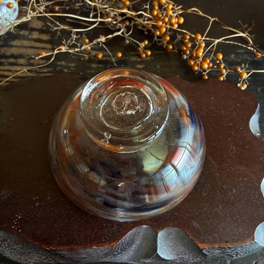 骨董　時代ガラス　希少　碗型　３色　吹雪紋　氷コップ　氷鉢　夏茶碗　１客②