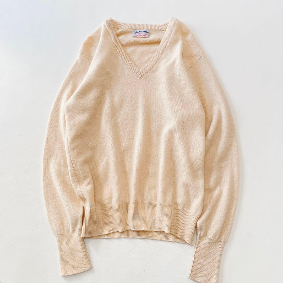 美品 希少 80's カシミヤ100% アイボリー VネックBallantyne