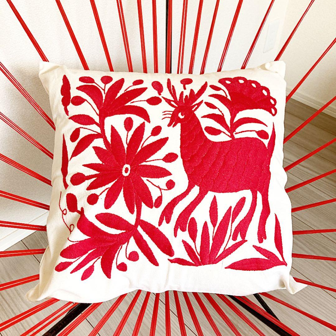 新品＊クッションカバー＊オトミ刺繍＊赤＊レッド＊動物＊花＊植物＊メキシコ雑貨