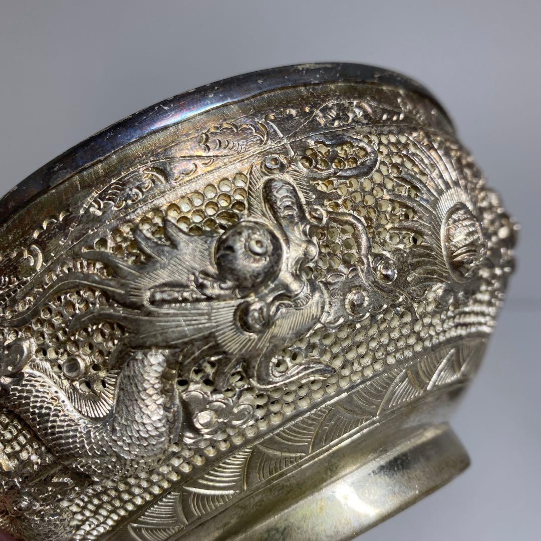 中国古玩　龍銀細工茶碗　2客　直径11.3㎝　521gタサオ　東な8-0104③