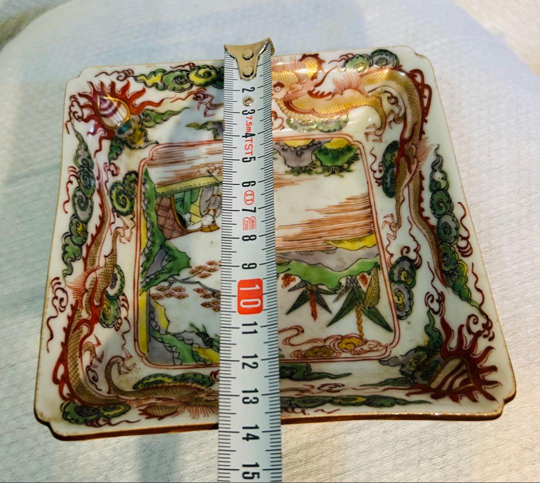 中国古玩南京赤絵角皿幅約14cm
