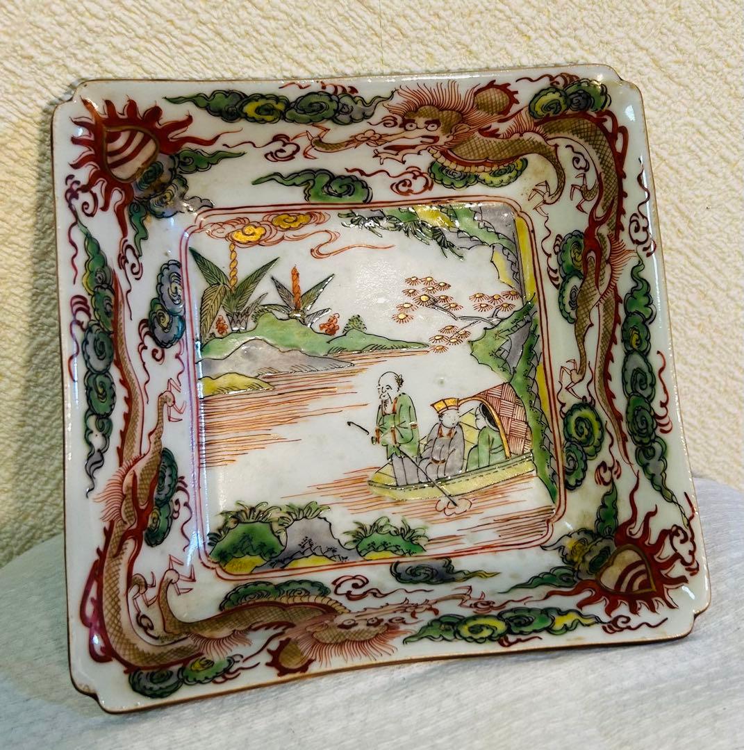 中国古玩南京赤絵角皿幅約14cm