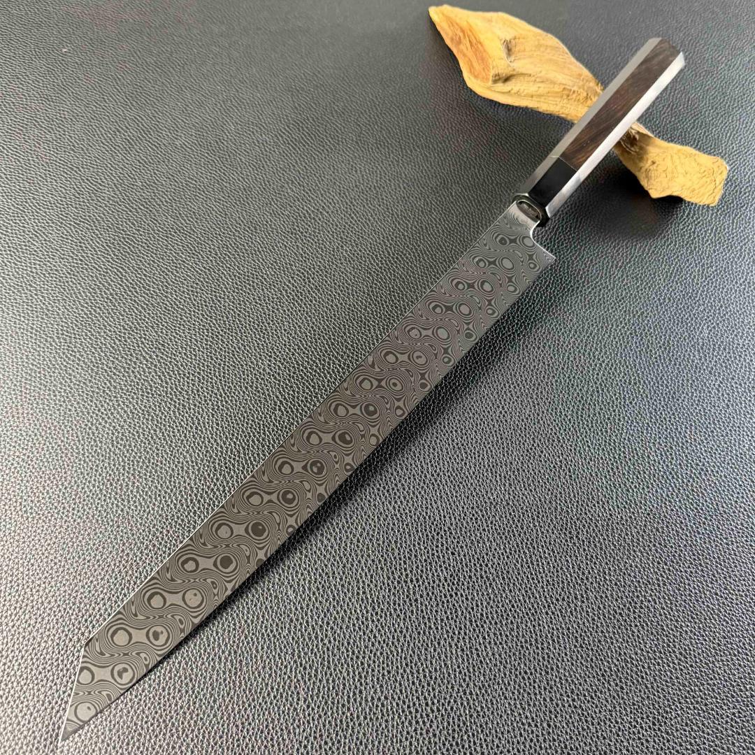 9599 新品 ダマスカス 切付包丁 尺 渦潮紋 105層 黒檀黒水牛角八角柄