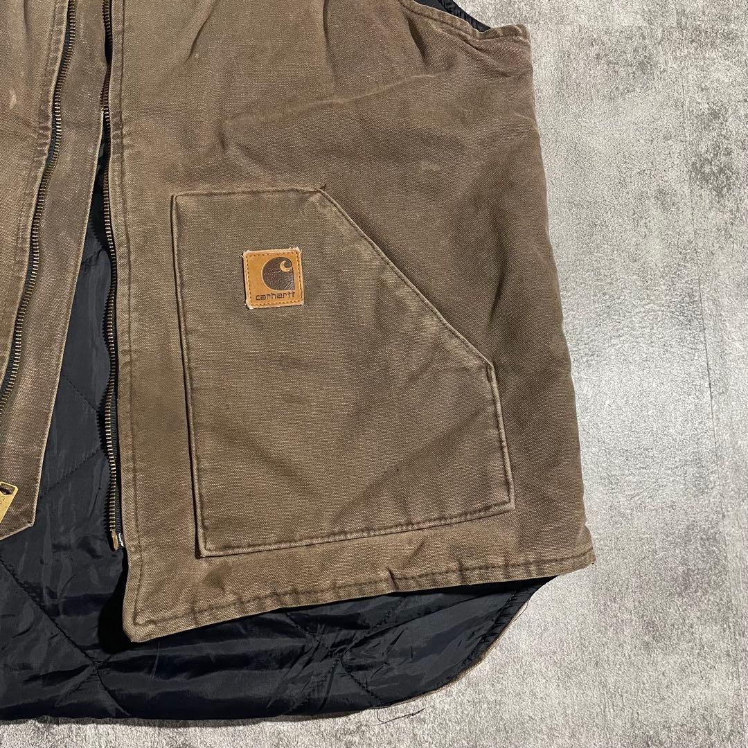 Carhartt ダックベスト古着キルティング ブラウン希少XLサイズ相当