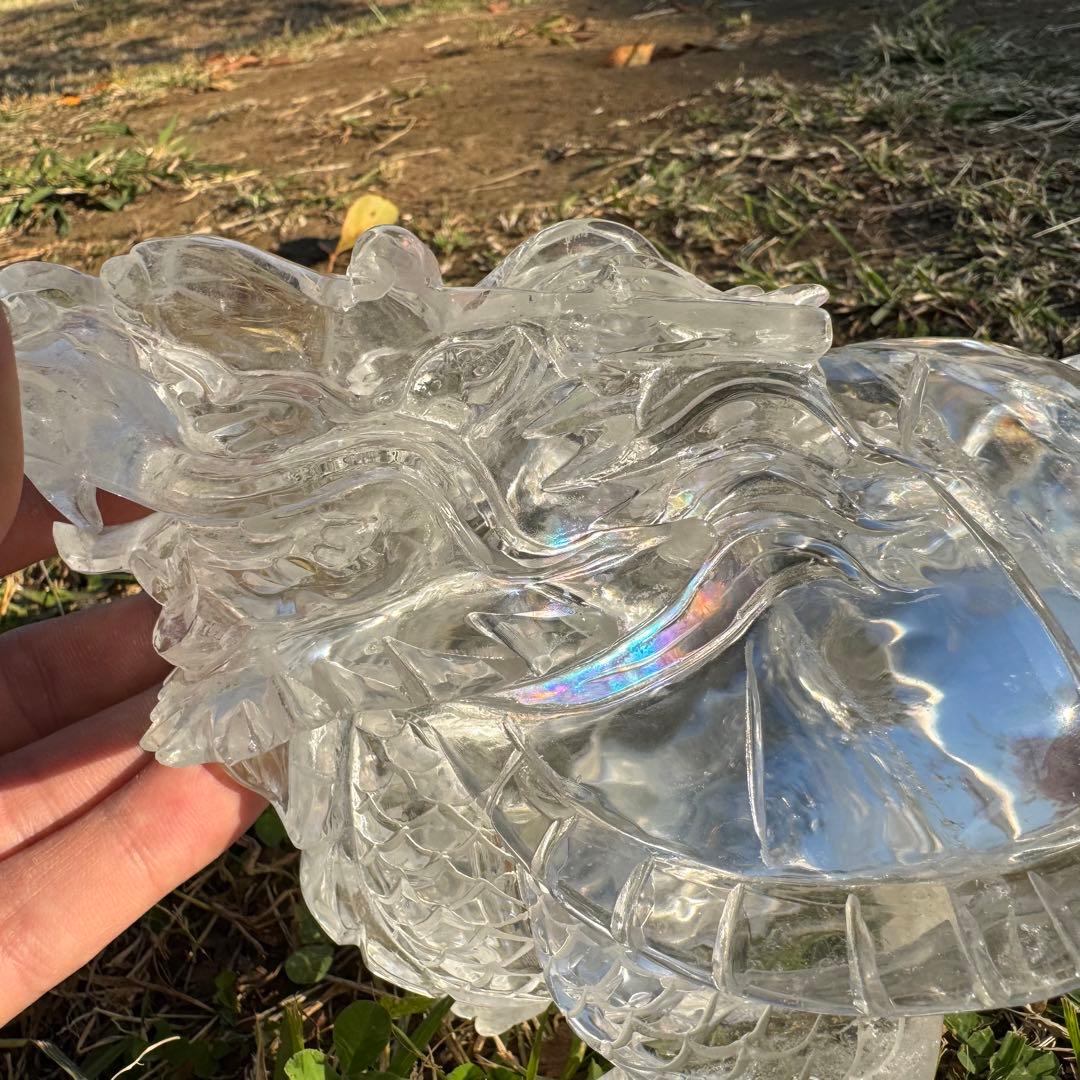 超透明　風水用　ブラジル産天然クリスタル龍亀！！(虹多い)ロングイ　風水 置き