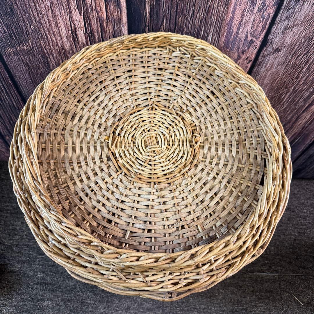 ラタン ランドリー ラタン製 筒型バスケット アンティーク 古民具 かご 蓋付き