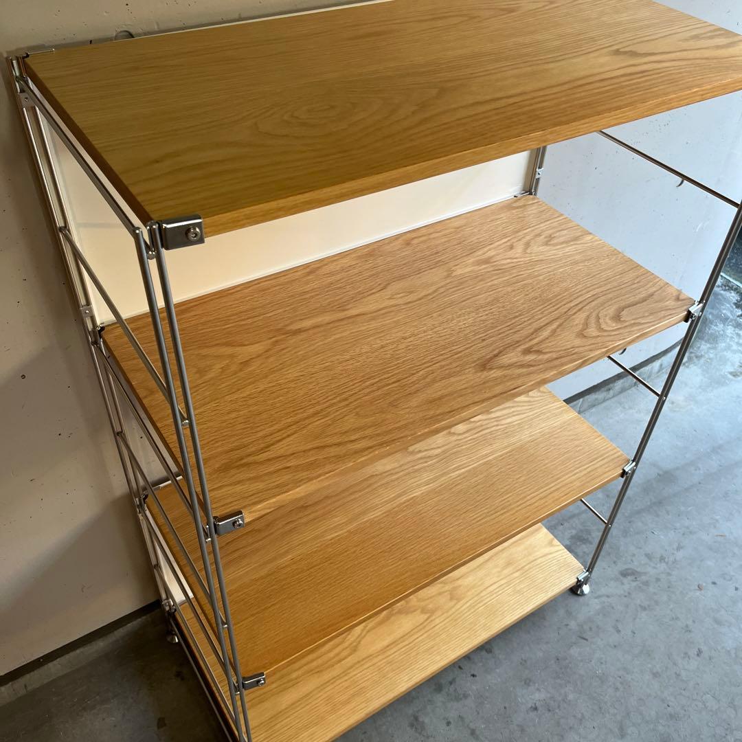 美品★無印ステンレスユニットシェルフ・オーク材棚セット・ワイド中 バックパネル付