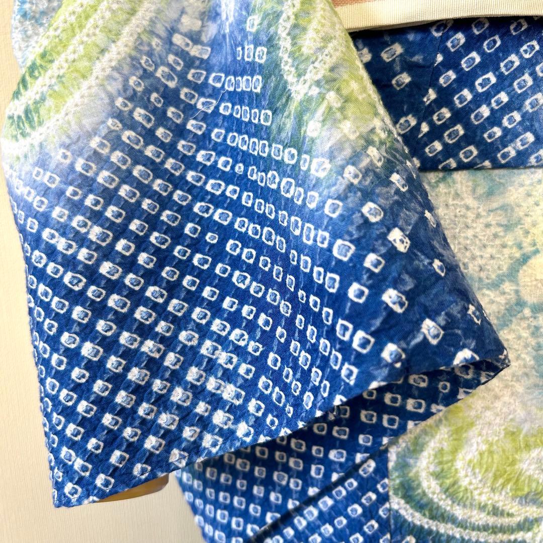 やまと謹製　裄70 有松絞り　絞り浴衣　花柄　藍色×白