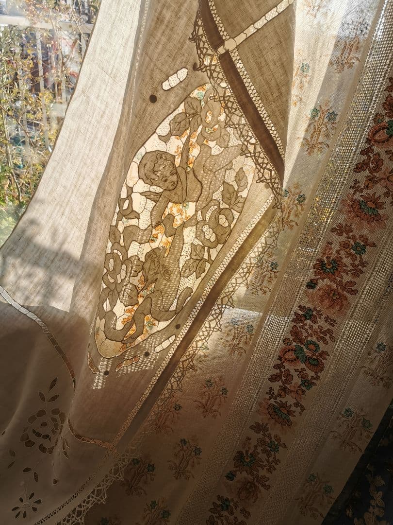 アンティークフランス オープンカットワーク リシュリュー天使 手刺繍ロングクロス