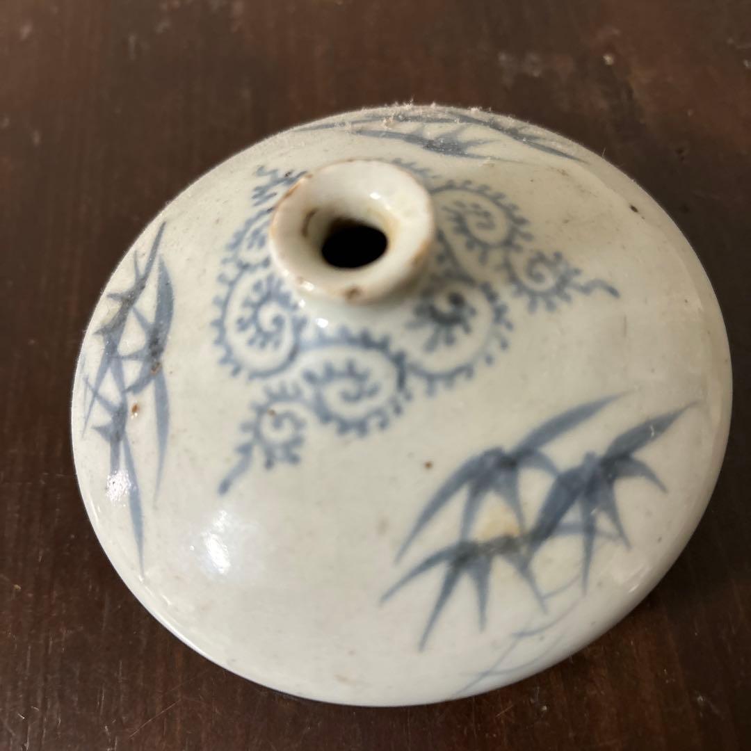 古伊万里染付タコ唐草笹紋様油壷　江戸時代　骨董　アンティーク　検:白洲正子　李朝