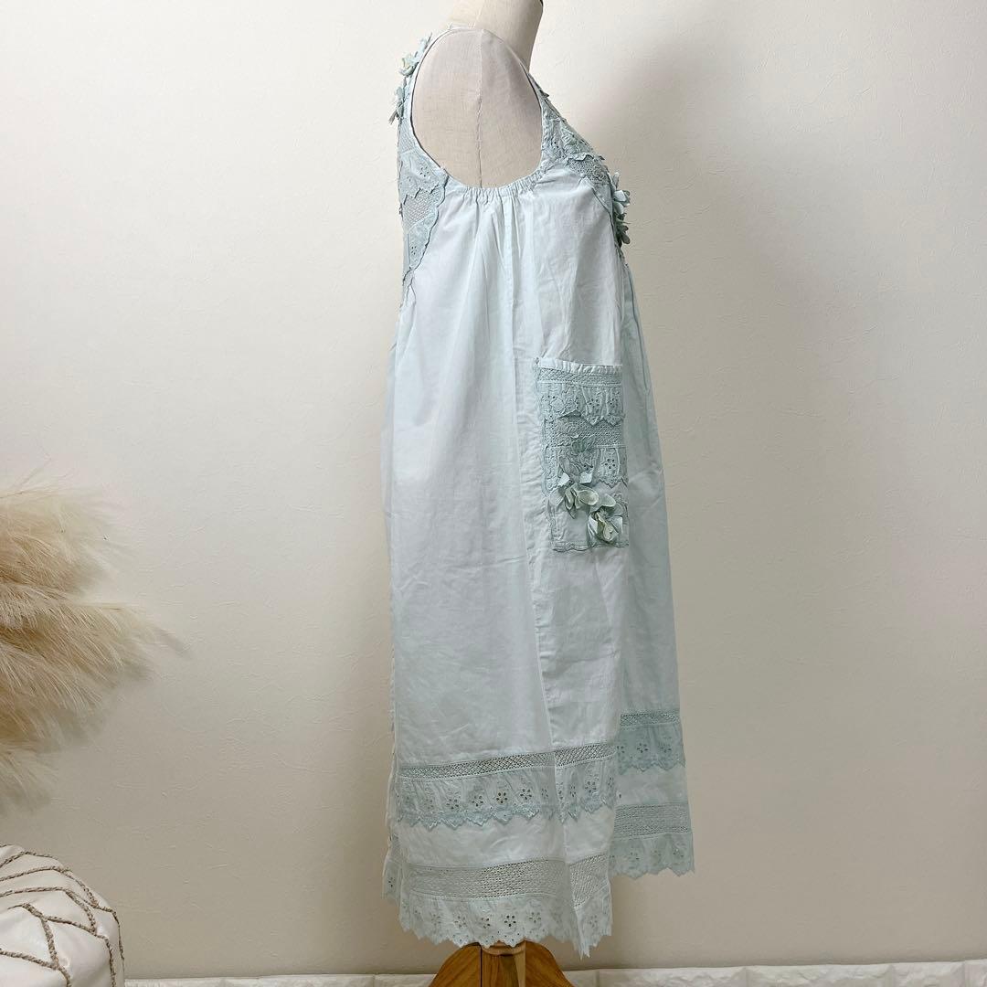 さえら Hischrone エプロン ブルー 薄水色 レース フラワー お花