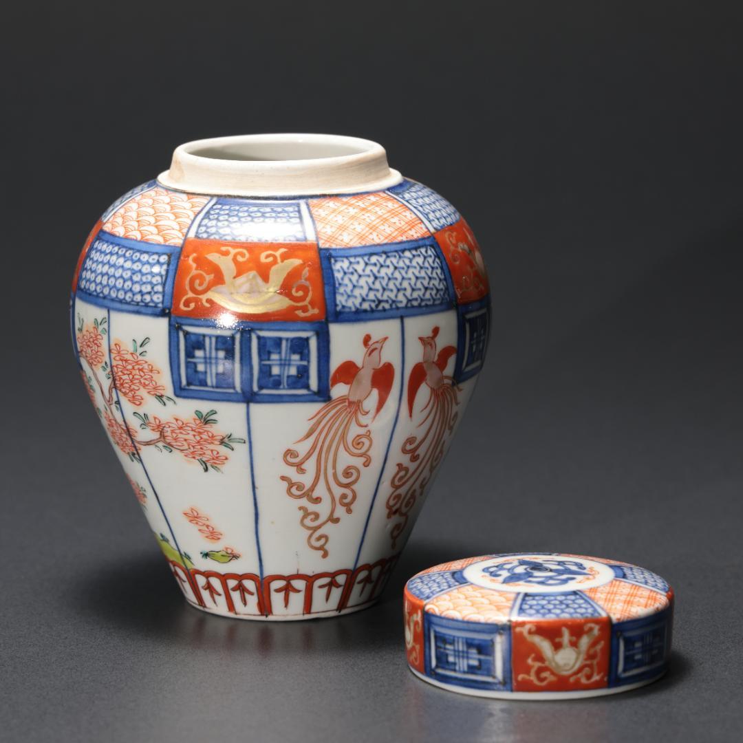 伊万里色絵花鳥図　茶壺　古伊万里　骨董　R1181お12