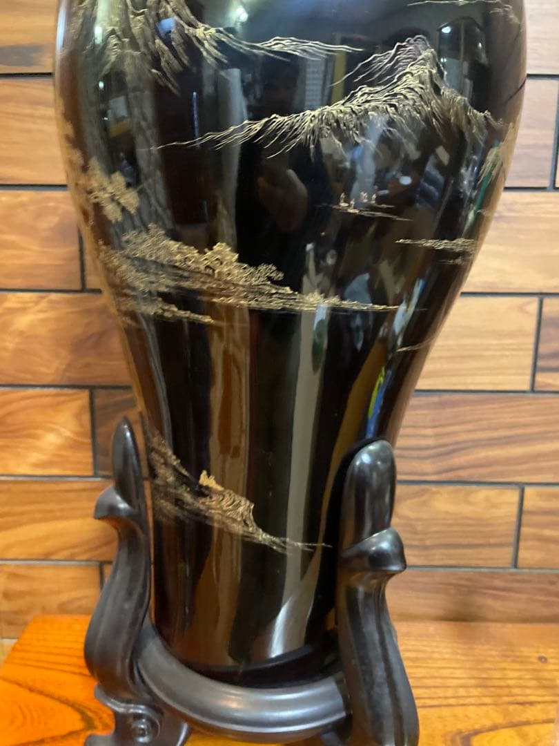 中国古玩　福建漆器 金彩画　大花瓶　台付