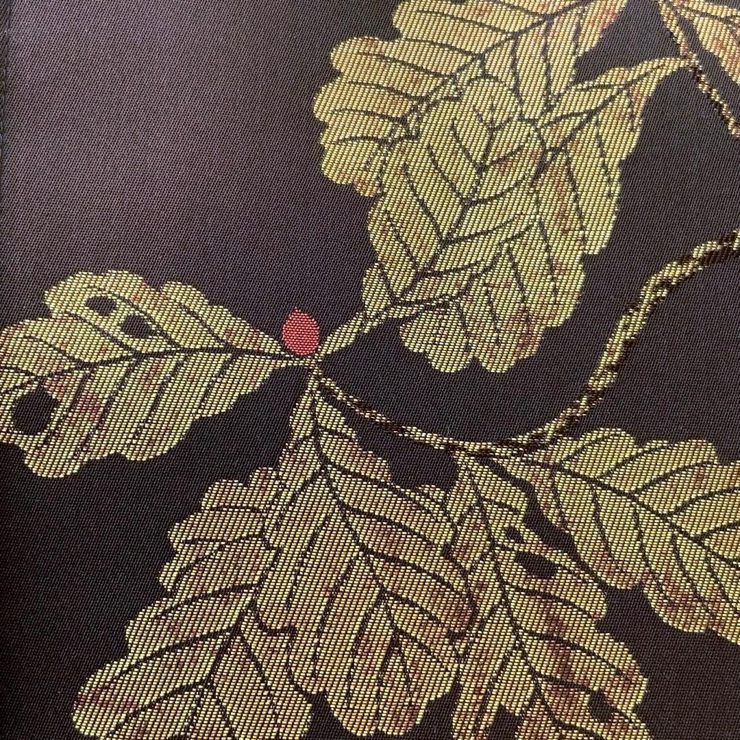 焦茶に金糸きらめく葉文の帯 リメイク バンブーハンドルバッグ 浅型マチ広め