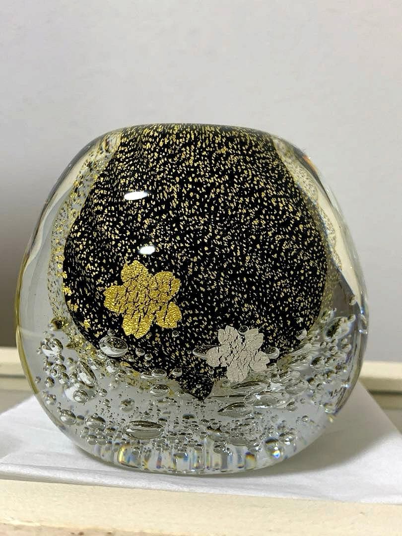 美品　黒木国昭　花器　桜流し　桜雨　金彩銀彩　クリスタル　花瓶　置物