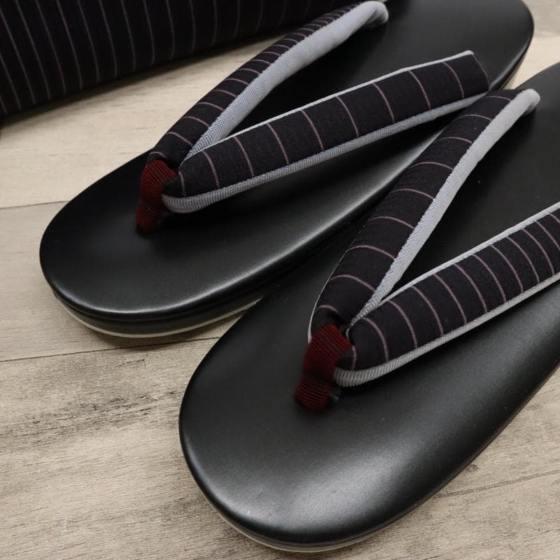 《新古品◆草履バッグセット◆黒地×ピンクのストライプ＊細縞模様◆Z3-12》