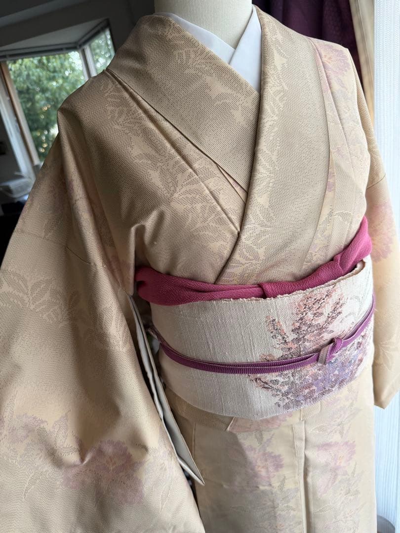 memeko 正絹 白大島紬小紋 ベージュ×グレー×パープル 横双 単品