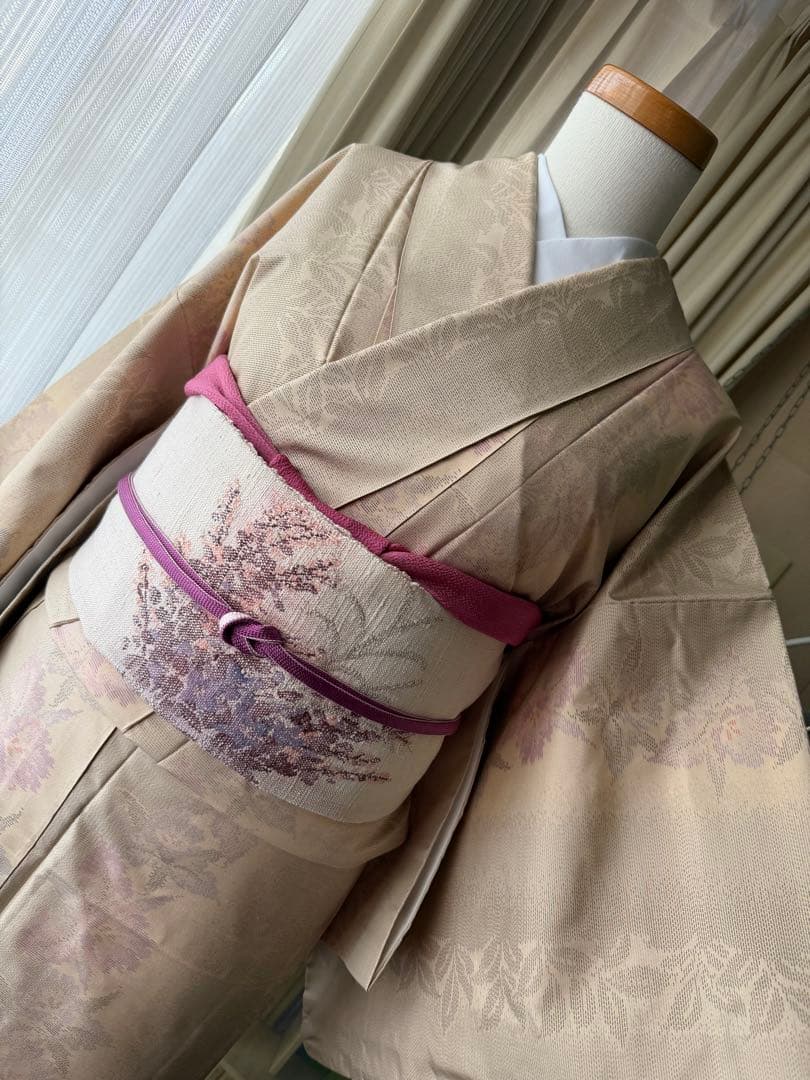 memeko 正絹 白大島紬小紋 ベージュ×グレー×パープル 横双 単品