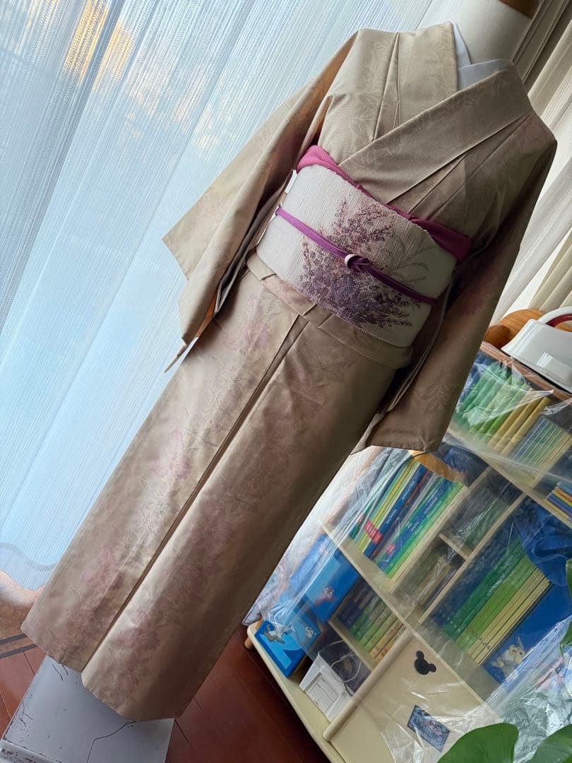 memeko 正絹 白大島紬小紋 ベージュ×グレー×パープル 横双 単品