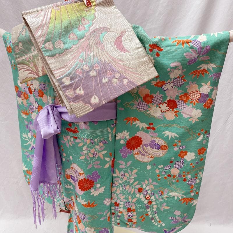 510ag39、帯揚げ帯締めしごき◎七五三 七歳 女児 着物&袋帯 総柄 銀彩◎