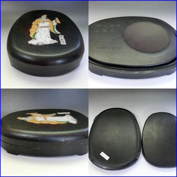 硯■曹國舅図端渓古硯 檀木箱付 萬戸管弦歌盛世 老坑 螺鈿象嵌八仙曹国舅 骨董■