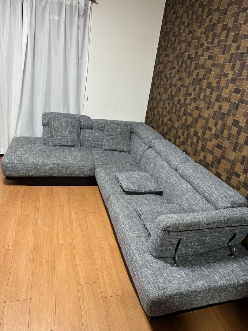 グレー L字型ファブリックソファ