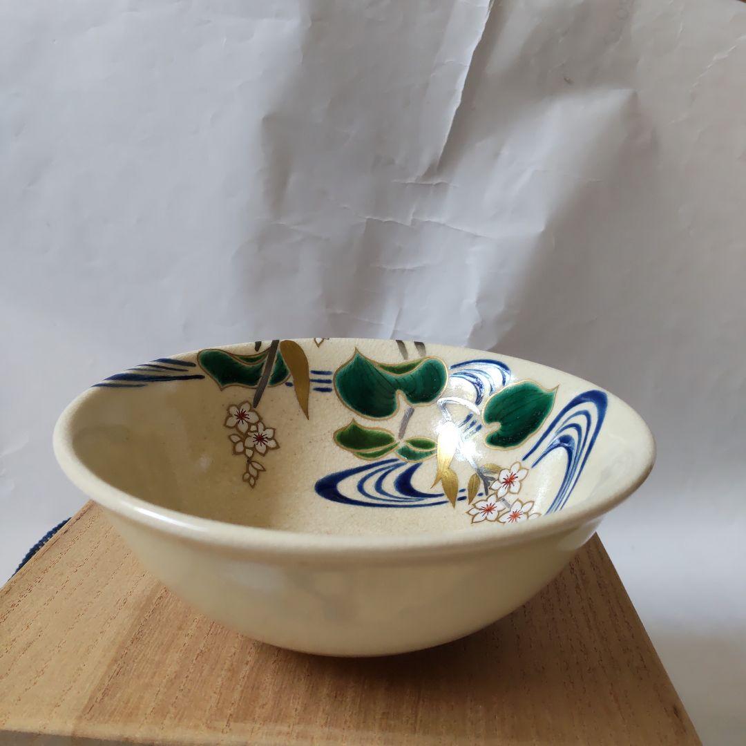 京焼 通次嵩山 作 平茶碗 『 仁清写 沢瀉 』共箱 共布 茶碗 抹茶碗 美品