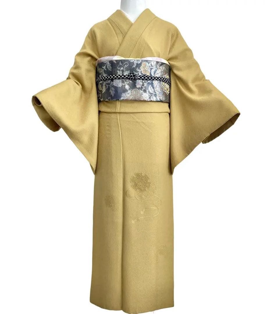 マスタード　色無地　着物　雪輪　紋なし　卒入学式　七五三　NO32 フルセット可