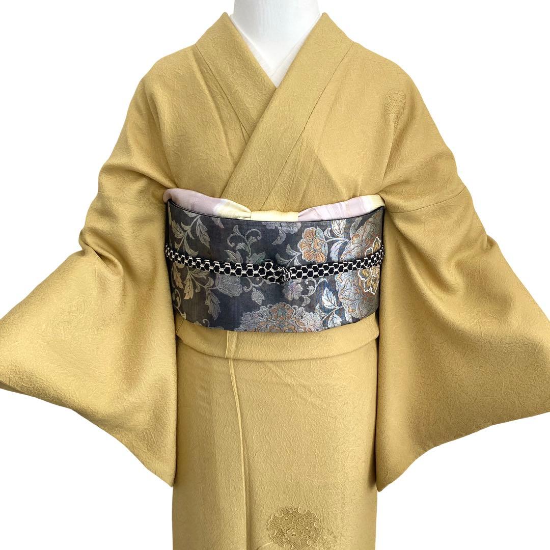 マスタード　色無地　着物　雪輪　紋なし　卒入学式　七五三　NO32 フルセット可