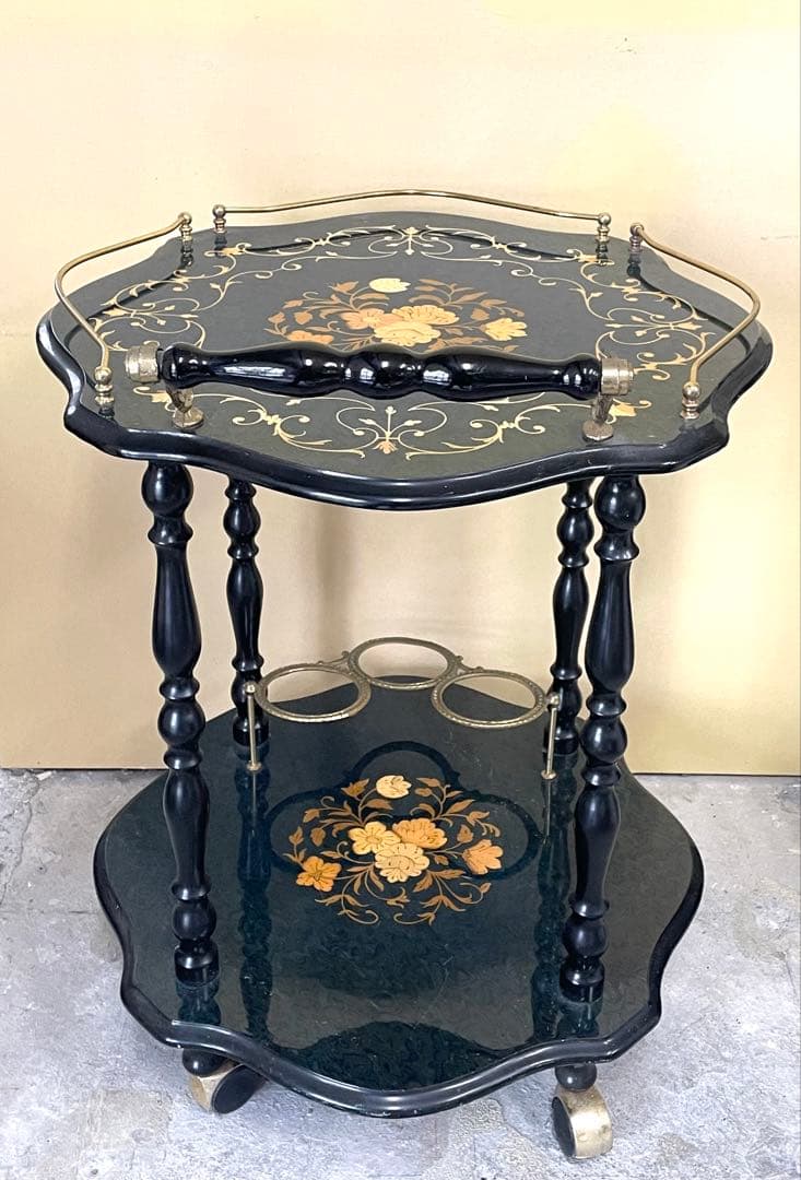 イタリー製 サービスワゴン 二段式サイドテーブル 象嵌 アンティーク