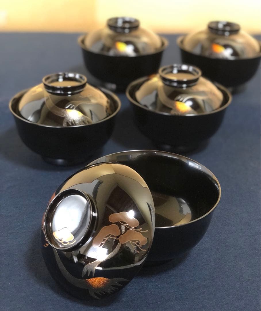 《レ》輪島塗 日の出松蒔絵 吸物椀5客 光峯作 哲舟作 共箱　251104う3